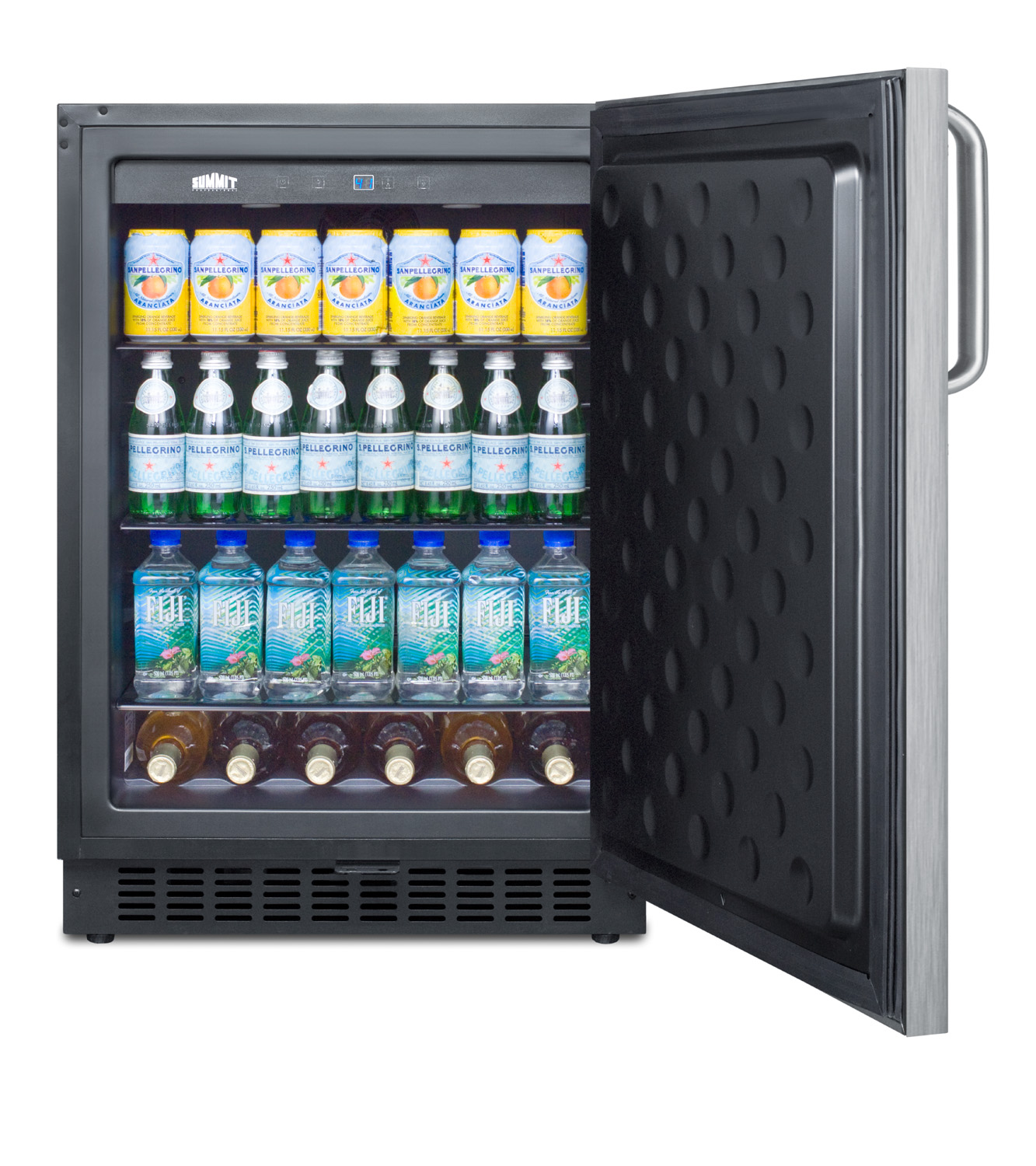 Outdoor all-refrigerator for built-in use, with lock, digital thermostat, stainless steel wrapped door, and towel bar handle